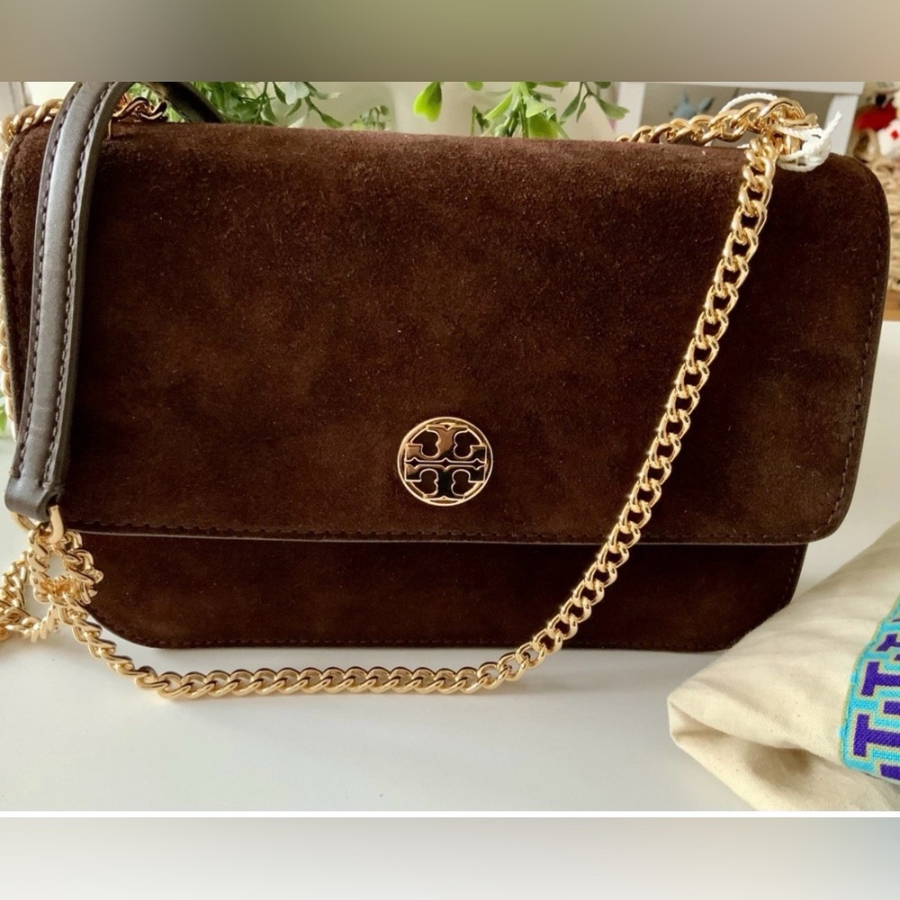 NWT TORY BURCH SUEDE & LEATHER SHOULDER/CROSSBODY BAG DARK COCOA - Picture 3 of 12